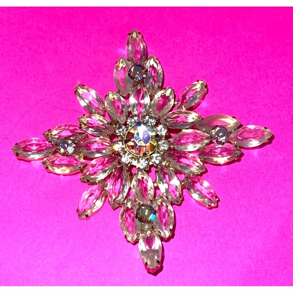 Massive Statement Colorless Rhinestone Crystal AB Brooch Vintage Jewelry Bridal - Picture 3 of 9